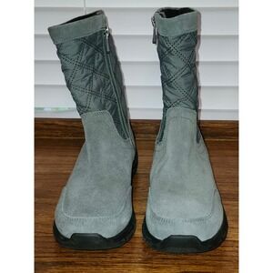 Lands End Womens Suede Quilted Winter Boots Grey Green Sage Side Zip 8B 444681